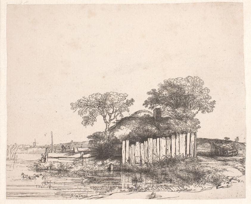Landskab med en hytte bag hvidt pæleværk — Rembrandt van Rijn