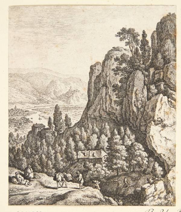 Vejfarende i et bjerglandskab, i baggrunden huse på klipper og en floddal — Herman Saftleven