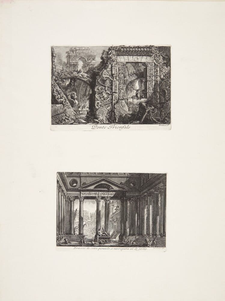 Triumfbue / Udsigt over en hængende by med adgangsvej fra neden — Giovanni Battista Piranesi