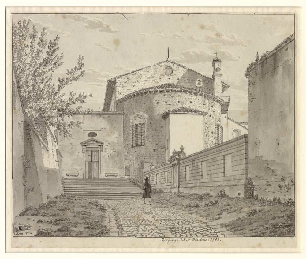 Via Equizia med sideindgangen til kirken S. Martino ai Monti på Monte Esquilino, Rom — Christoffer Wilhelm Eckersberg