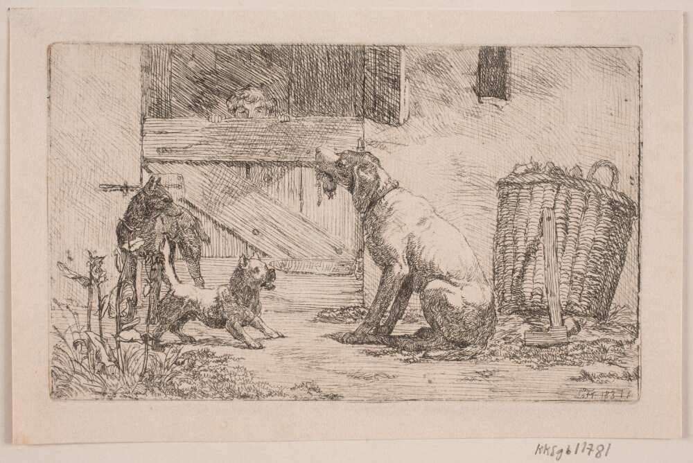 Tre hunde foran en stalddør — Lorenz Frølich