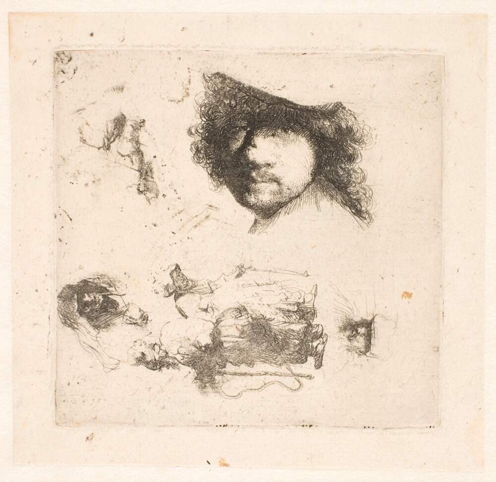 Blad med forskellige studier: Selvportræt, tiggerpar, hoveder — Rembrandt van Rijn
