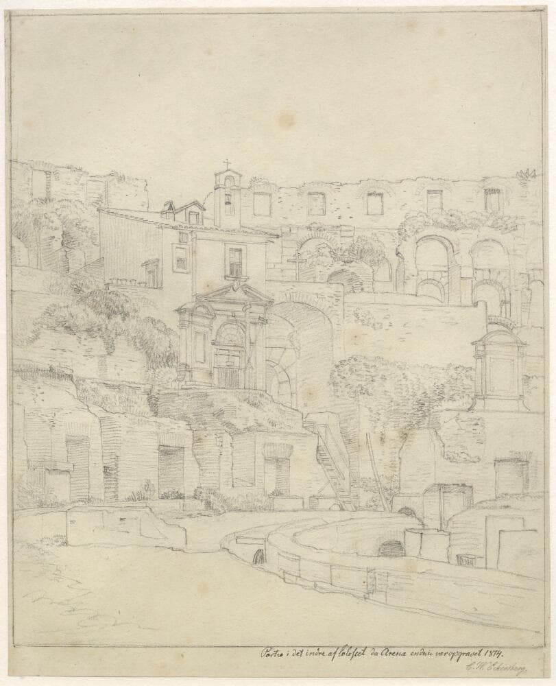 Parti af det indre Colosseum da arenaen endnu var opgravet. Arenaens sydøstlige del med kapellet og hovedingangen. — Christoffer Wilhelm Eckersberg