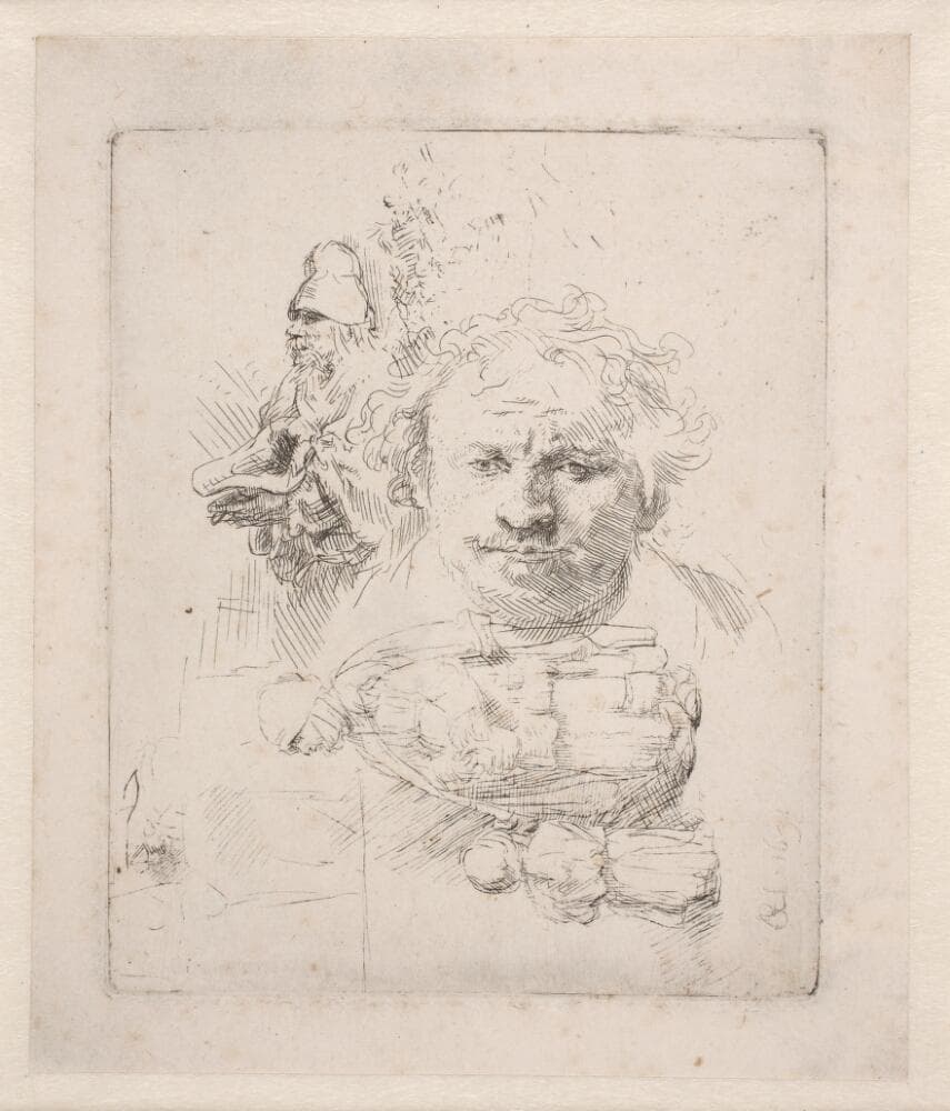 Studieblad med selvportræt, en tigger, en kvinde og et barn — Rembrandt van Rijn