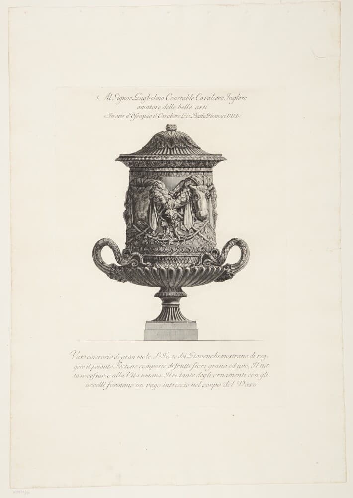 Stor urne dekoreret med oksehoveder og frugtguirlander — Giovanni Battista Piranesi