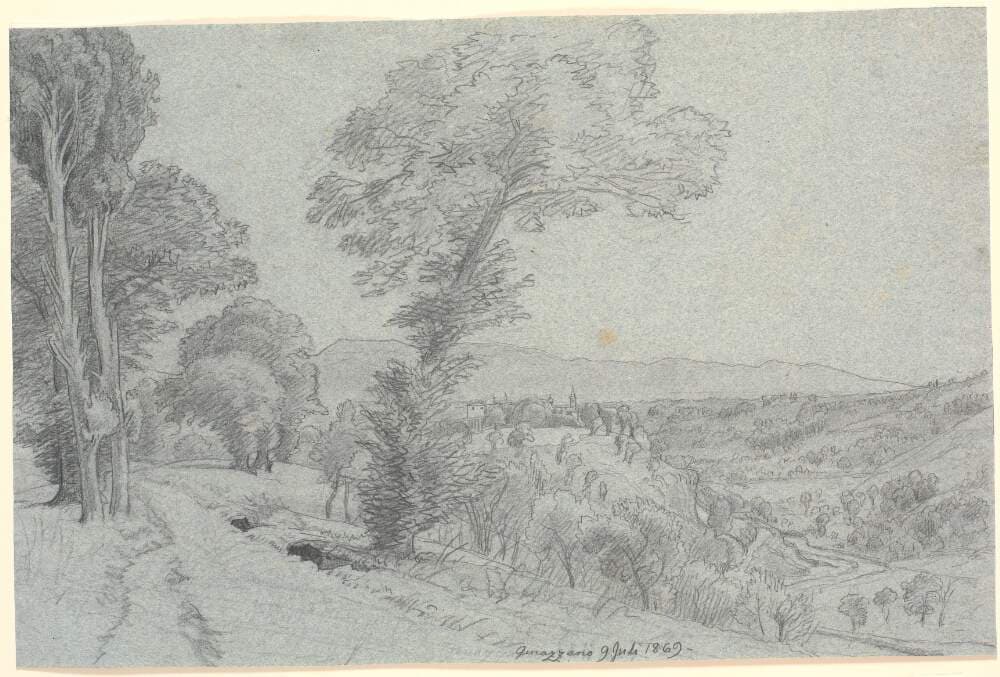Italiensk bjerglandskab med udsigt mod "Genazzano 9 Juli 1869.". — P.C. Skovgaard