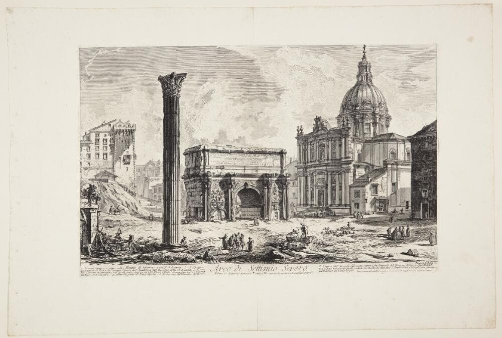 Septimius Severus' triumfbue, med SS. Martina e Luca-kirken til højre — Giovanni Battista Piranesi