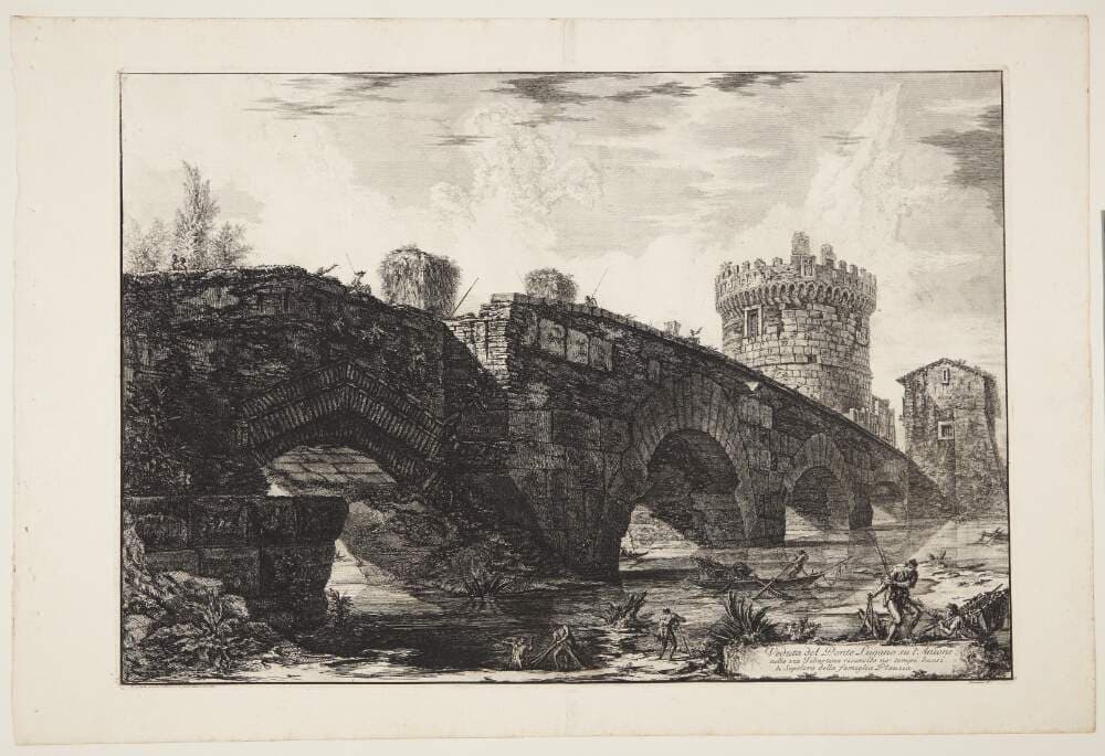 Ponte Lucano, med Plautii's grav i baggrunden — Giovanni Battista Piranesi