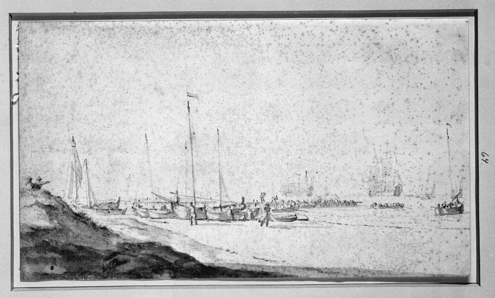 Kystlandskab; på den tørre strand t.v. ligger en del både, andre i søen — Willem van de Velde the Younger