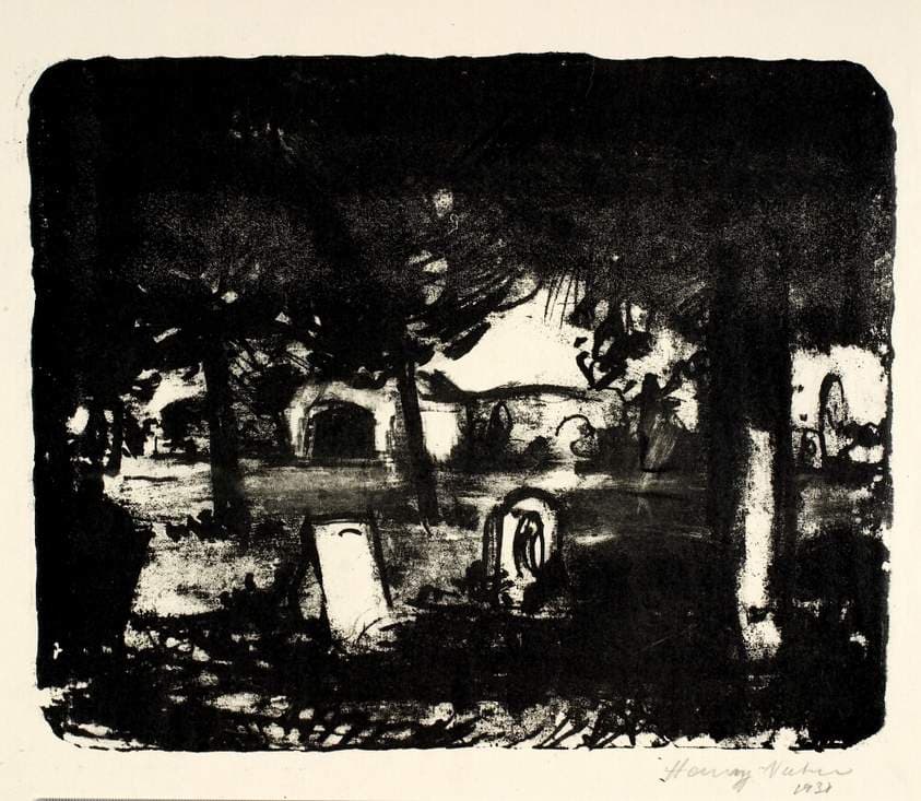 Kirkegård, grave under høje træer — Henry Nielsen