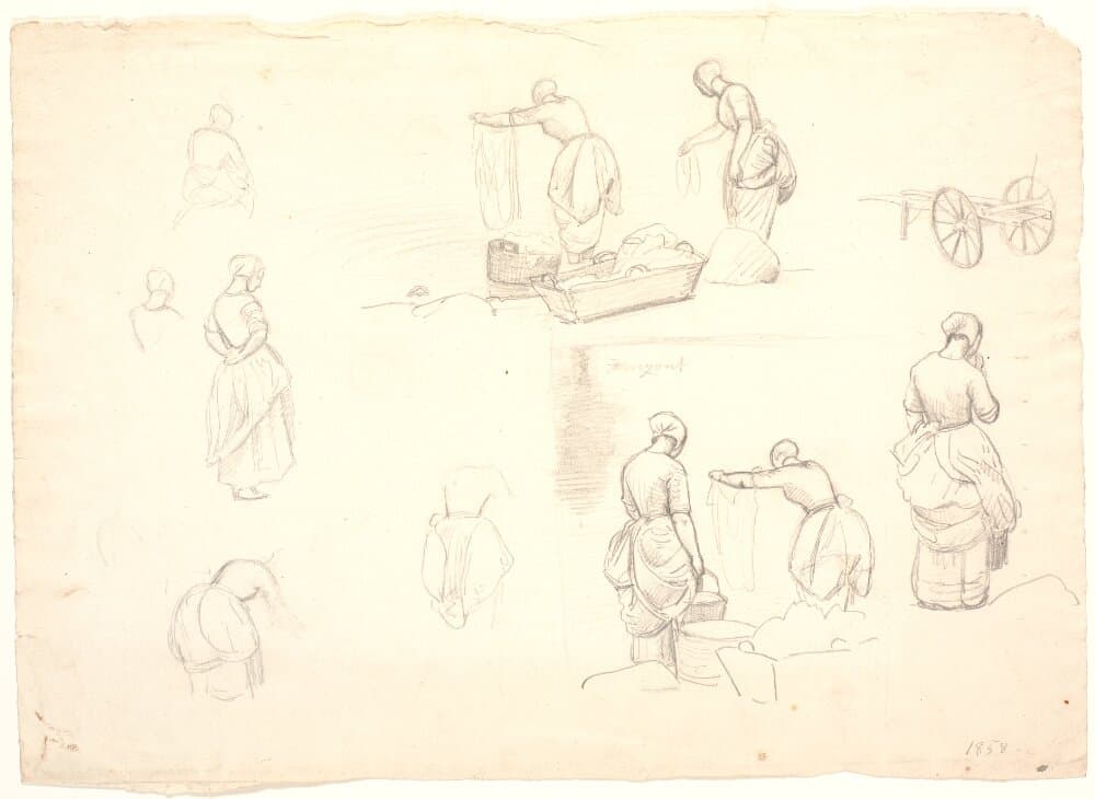 Syv detailstudier samt to studier til maleriet: "Vaskekoner ved Bondedammen i Hellebæk". 3. august 1838 — P.C. Skovgaard