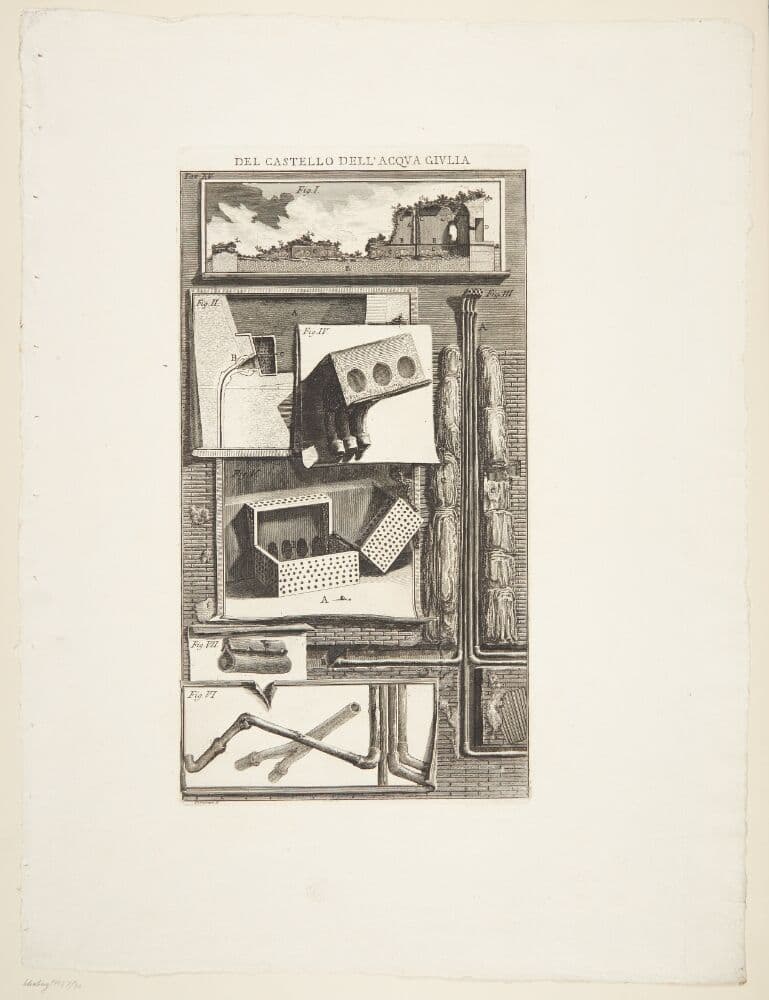 Snit af en fontæne; samt detailstudier af rørledninger — Giovanni Battista Piranesi