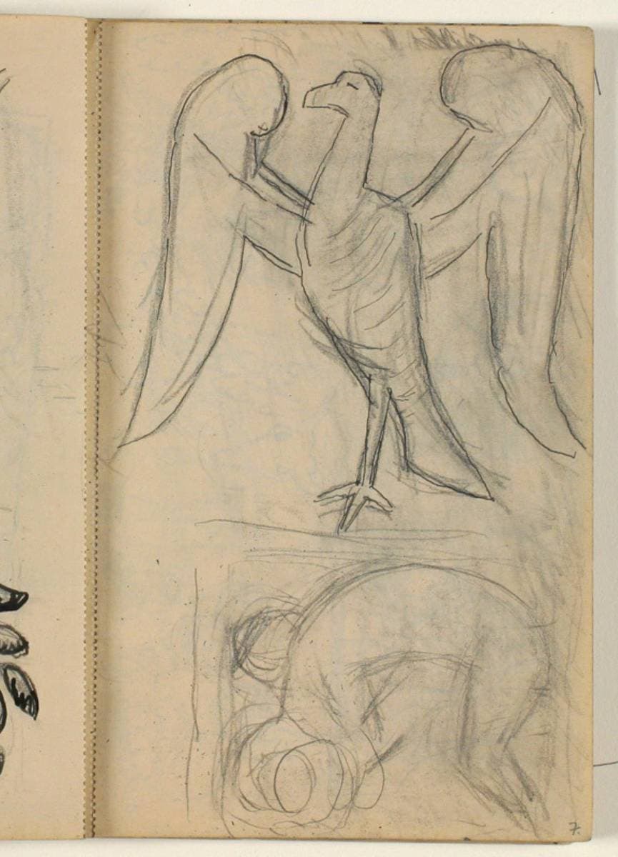 Udkast til Poul S. Christiansens gravmæle. Studie af fugl, formentlig efter forlæg. — Niels Larsen Stevns