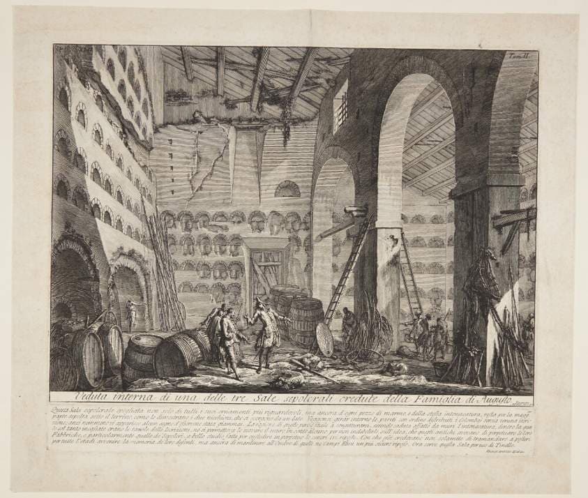 Det indre af tre store gravkamre, som menes at have tilhørt Augustus' hushold — Giovanni Battista Piranesi