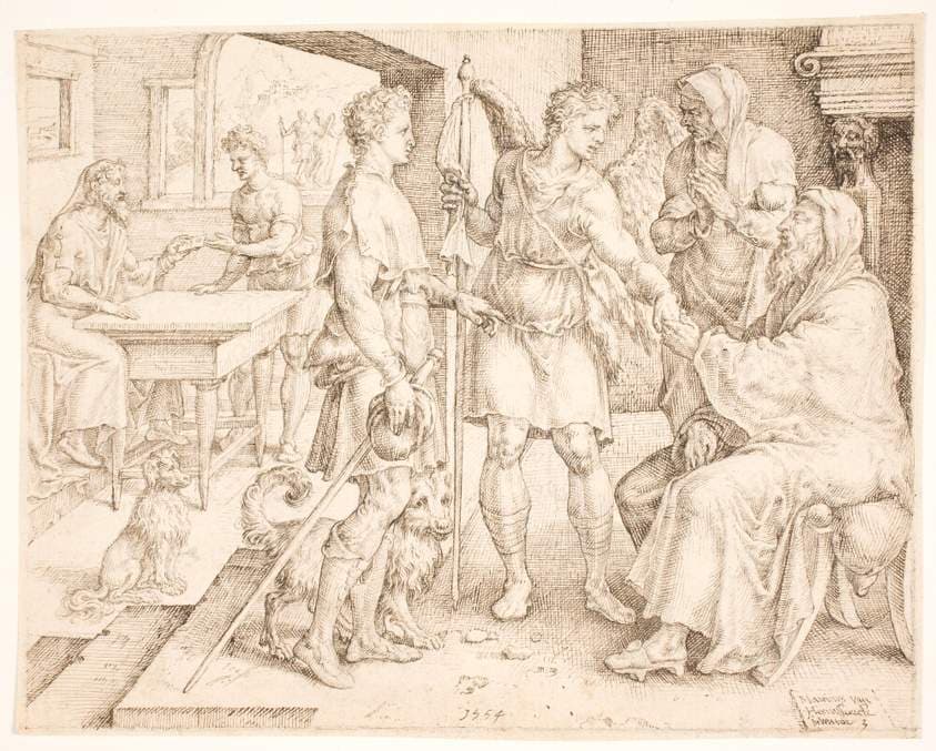 Tobias og Azarja (dæknavn for ærkenglen Rafael) tager afsked med Tobit — Maarten van Heemskerck