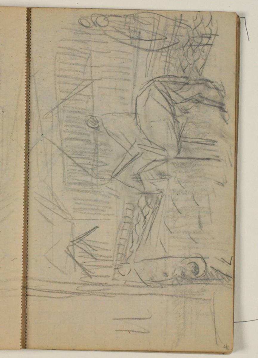 Kompositionsudkast til Blichers novelle "Vinhandleren og Herremanden", p. 198 - Kaj LYkke gør holdt foran Jens Bangs stenhus — Niels Larsen Stevns