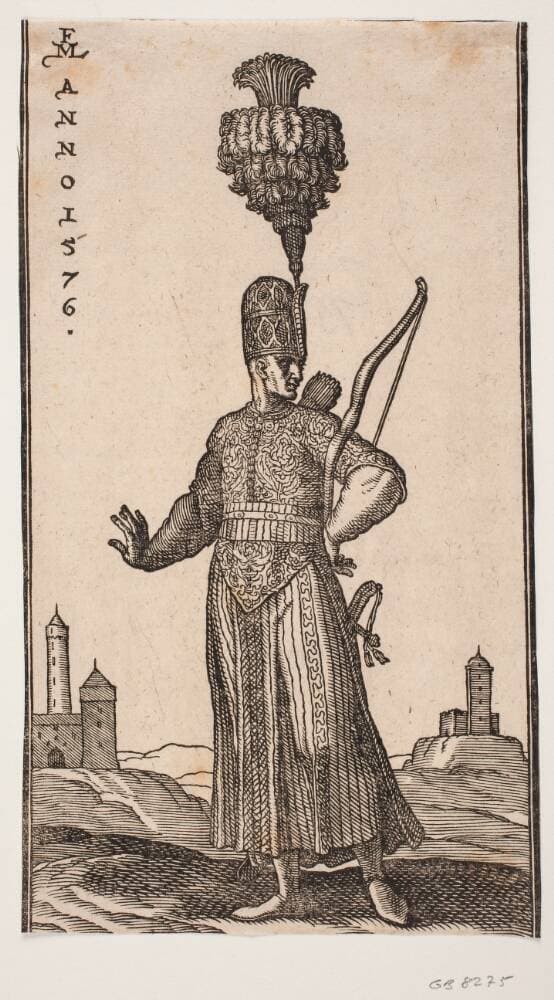 Stående soldat, frontalt set, hovedet vendt mod h.; han bærer bue over sin v. arm, pilekogger på ryggen og sværd ved sin v. side; han strækker koket sin h. arm bagud; i baggr. t.h. og t.v. to fæstningslignende bygninger — Melchior Lorck