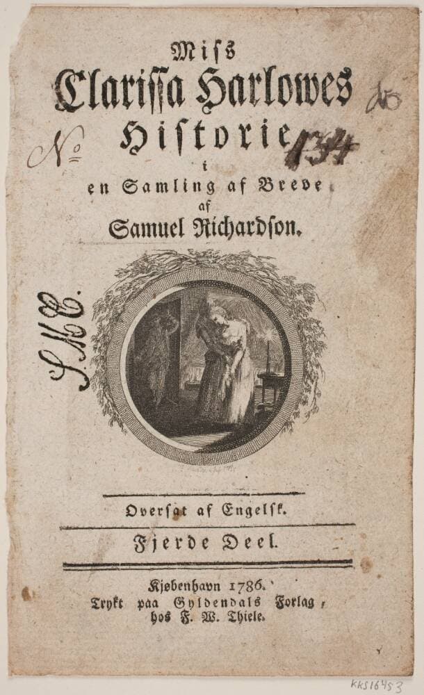 Titelblad med vignet til S. Richardson: "Miss Clarissa Harlowes Historie", fjerde del — Georg Christian Schule