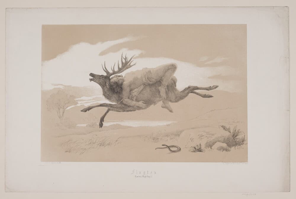 Flugten, pag. 11, illustration til Christian Winthers "Hjortens Flugt" — Lorenz Frølich