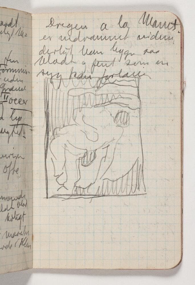 Løse rids af komposition efter Gauguins Nøgen bretonsk dreng, 1889 samt iagttagelser gjort efter malerier af bl.a. Cezanne, Gauguin og Pissaro på impressionistudstillingen i Kunstforeningen, København, april 1911 — J.A. Jerichau (II)