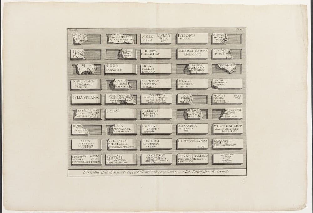 Iscrizioni delle Camere sepolcrali de' Liberti e Servi, ec. della Famiglia di Augusto, XXXIII — Giovanni Battista Piranesi