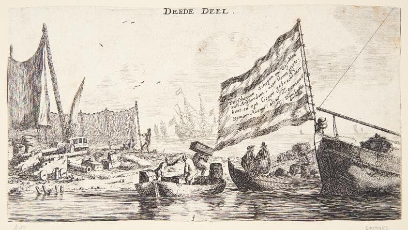 En landingsplads med fiskernet og kanoner. Titelblad til "Forskellige skibe og udsigter fra Amsterdam (III)" — Reinier Zeeman