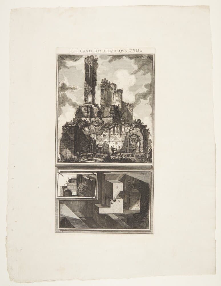 Fontænen Acqua Giulia, set fra siden, samt snit over dens indre — Giovanni Battista Piranesi