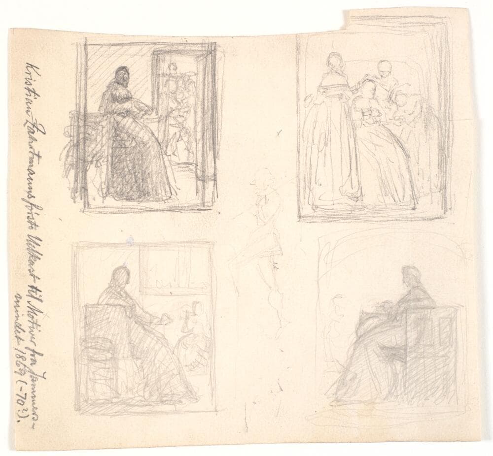 Blad med fire indrammede udkast til første Leonora Christine billeder (1869-70). I midten et figurrids — Kristian Zahrtmann