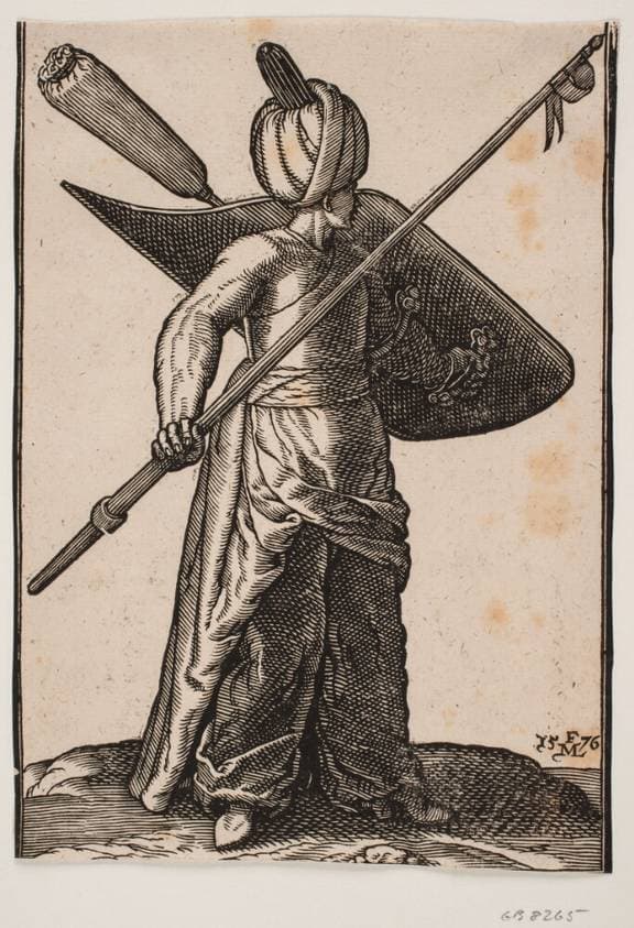 Stående soldat, vendt mod h.; på hovedet turban, i h. hånd en løftet lanse med vimpel under spidsen; på v. arm et skjold med en stofomviklet fjerbusk — Melchior Lorck