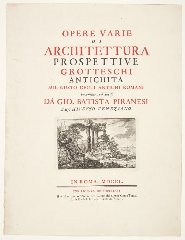 Diverse arkitektoniske værker, perspektiver, grotesker og antiker, tegnet og raderet af Giambattista Piranesi, venetiansk arkitekt. Titelblad — Giovanni Battista Piranesi