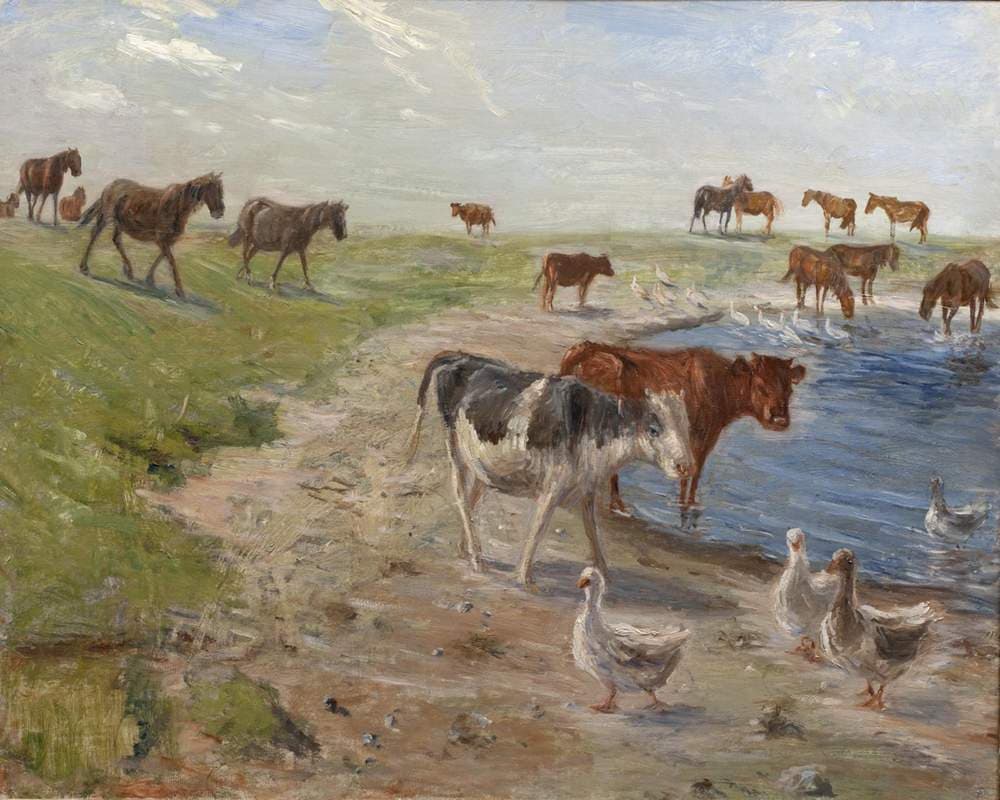 Kalve og gæs ved et vandhul. Saltholm — Theodor Philipsen