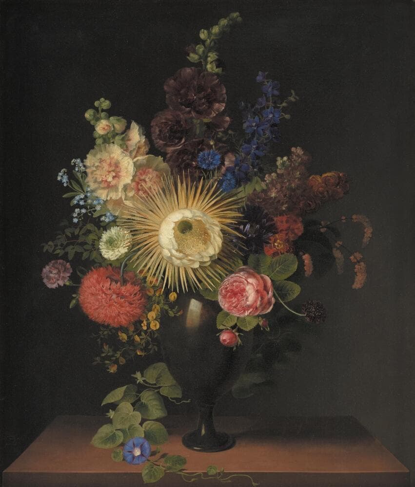 En porfyrvase med Cactus grandiflora og andre blomster — C.D. Fritzsch