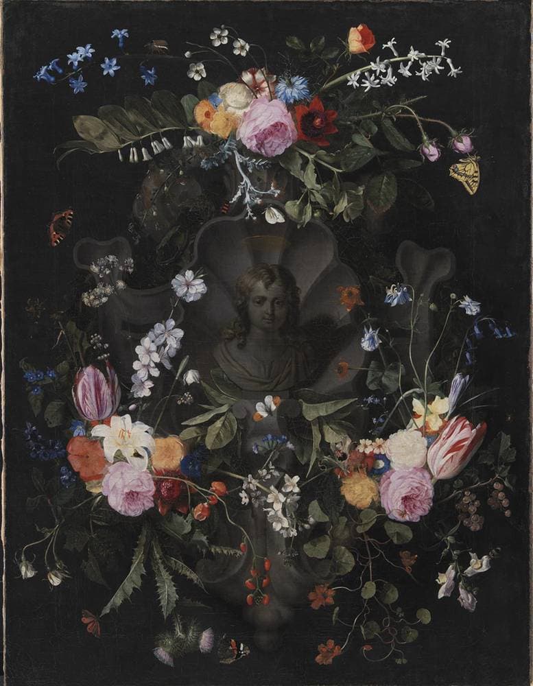 Kartouche med buste af Jesus omgivet af blomsterguirlande — Andries Bosman