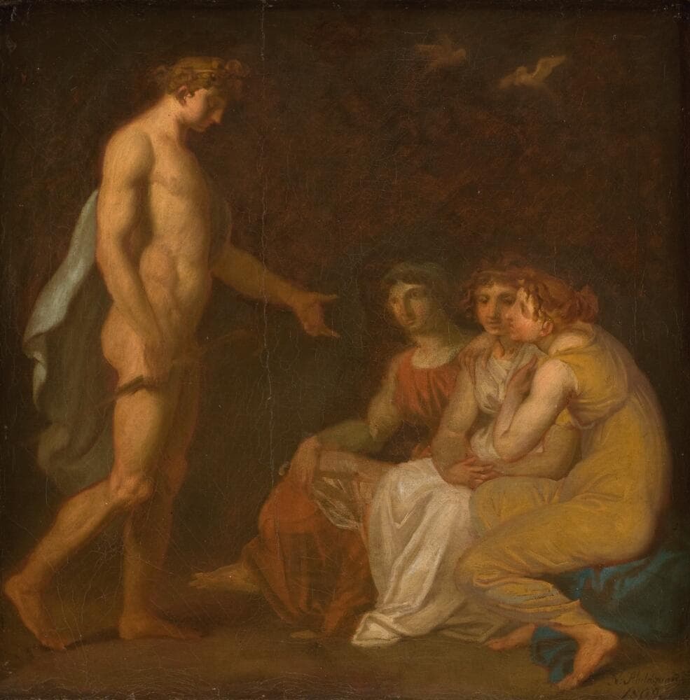 Unknown subject, traditionally said to represent Apollo charging the Parcae to visit Ceres, who has fled from the Earth — Nicolai Abildgaard
