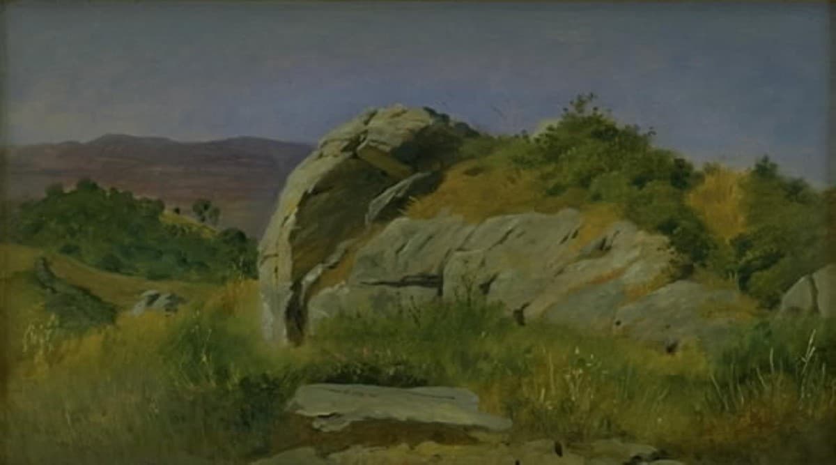 Landskab med klippe i forgrunden. Civitella, Italien — Johan Thomas Lundbye