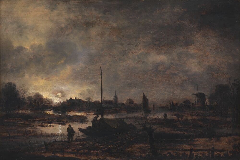 The Moon Rising over a Village — Aert van der Neer