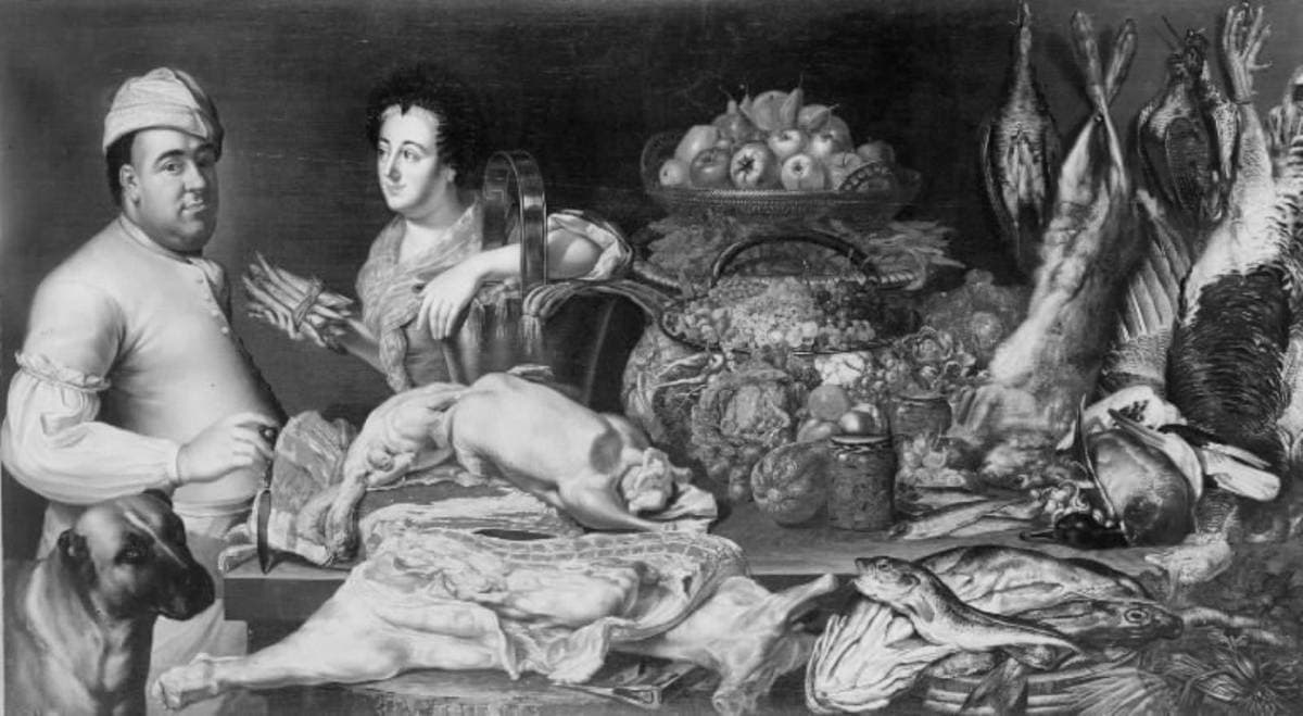En kok og en kokkepige med køkkenets forråd — Anton Friedrich Harms
