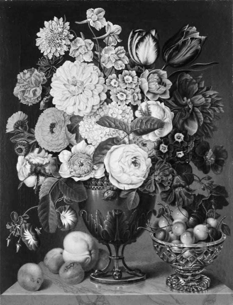 Blomster i en trefodet vase og en skål med kirsebær — Carl Christian Seydewitz