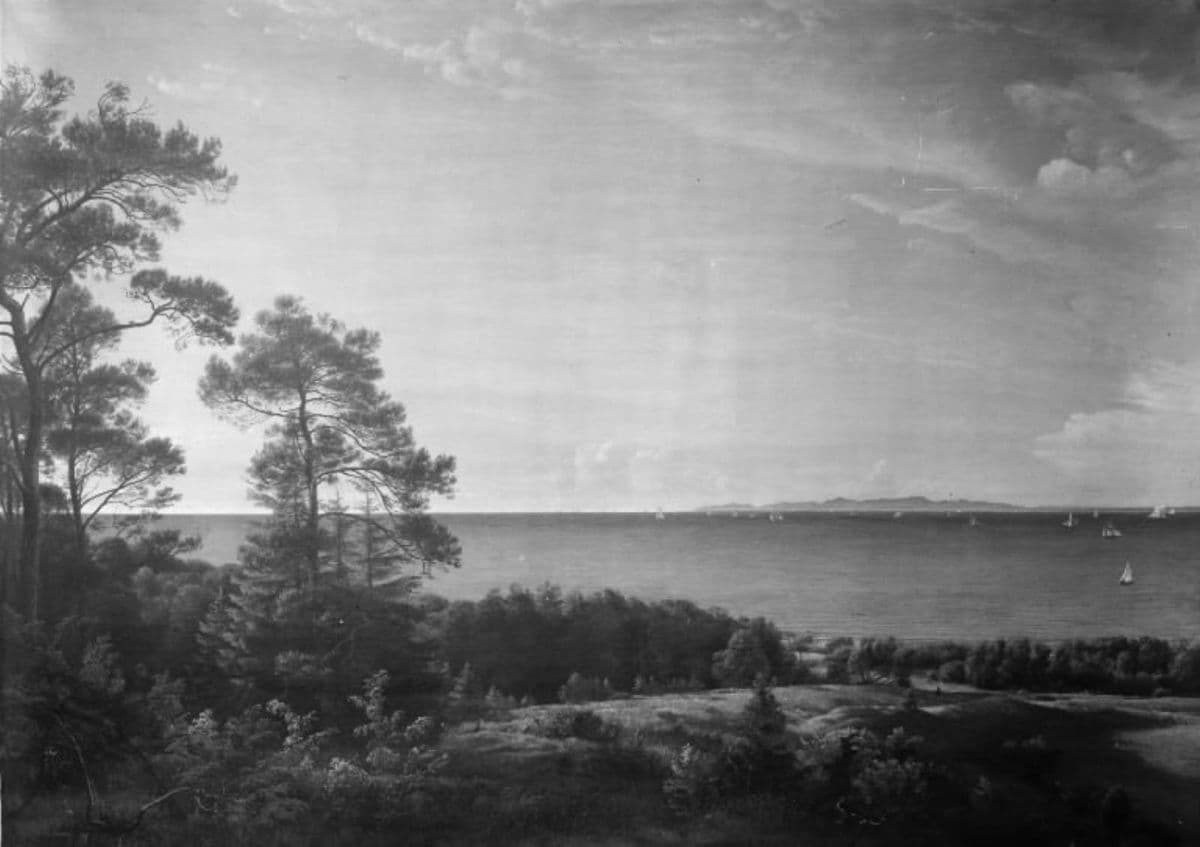Udsigt fra Sjællands nordkyst over Kattegat mod Kullen. Sommeraften — P.C. Skovgaard