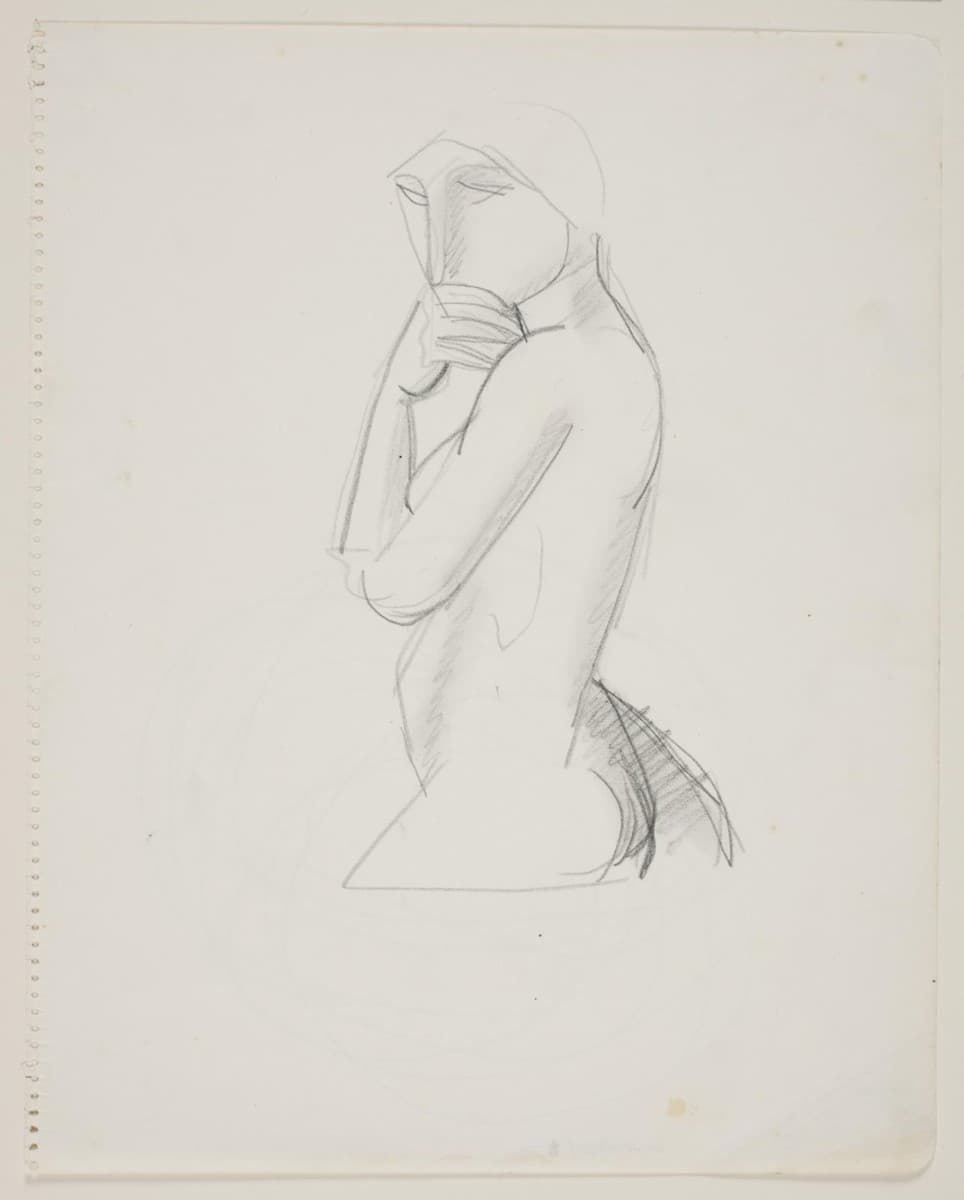 Kvindelig model, 3/4 figur, med hånden for munden — Vilhelm Lundstrøm