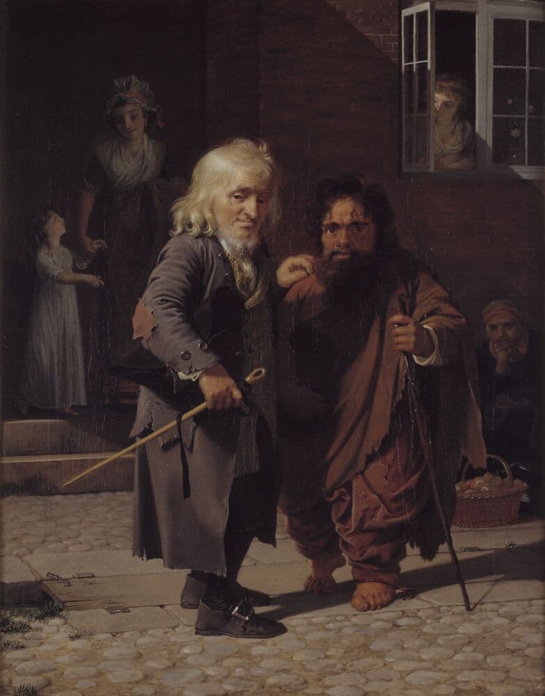 Two Dwarfs: Obligeert, a Jewish pigtail-ribbon Vendor, beside the Roman Dwarf Bajocco in one of the Streets of Copenhagen — Jens Juel