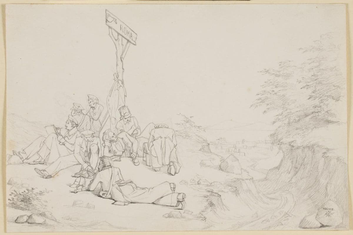 Kunstnere holder hvil ved et vejskilt "Roma". — Wilhelm Bendz