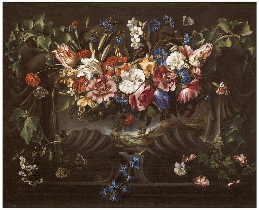 Garland of Flowers with a Landscape — Juan de Arellano