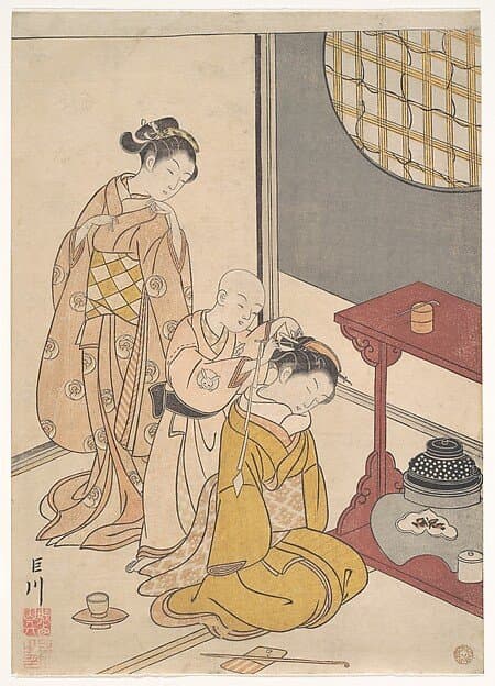 Night Rain at the Double-Shelf Stand, from the series Eight Parlor Views (Zashiki hakkei) — Suzuki Harunobu