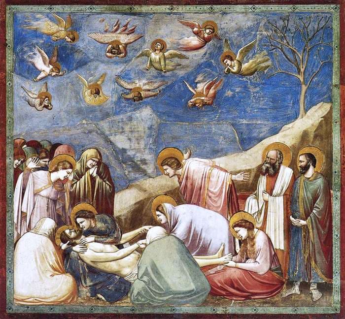 Mourners gather around the body of Christ beneath a sloping rock, while grieving angels fill a deep blue sky.