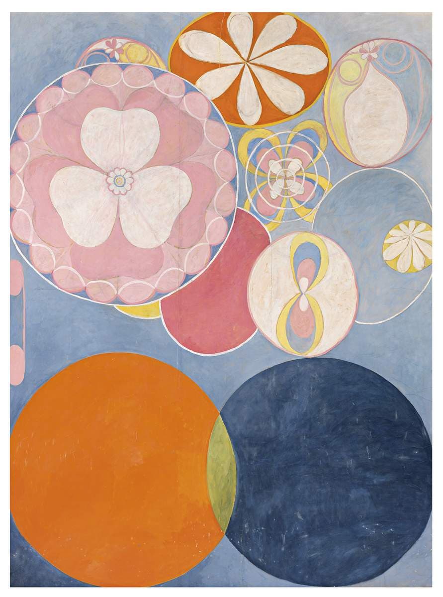 Large orange, pink, and white botanical shapes and looping lines float across a deep blue abstract field.