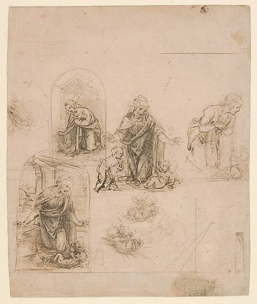 Compositional Sketches for the Virgin Adoring the Christ Child, with and without the Infant St. John the Baptist; Diagram of a Perspectival Projection (recto); Slight Doodles (verso) — Leonardo da Vinci
