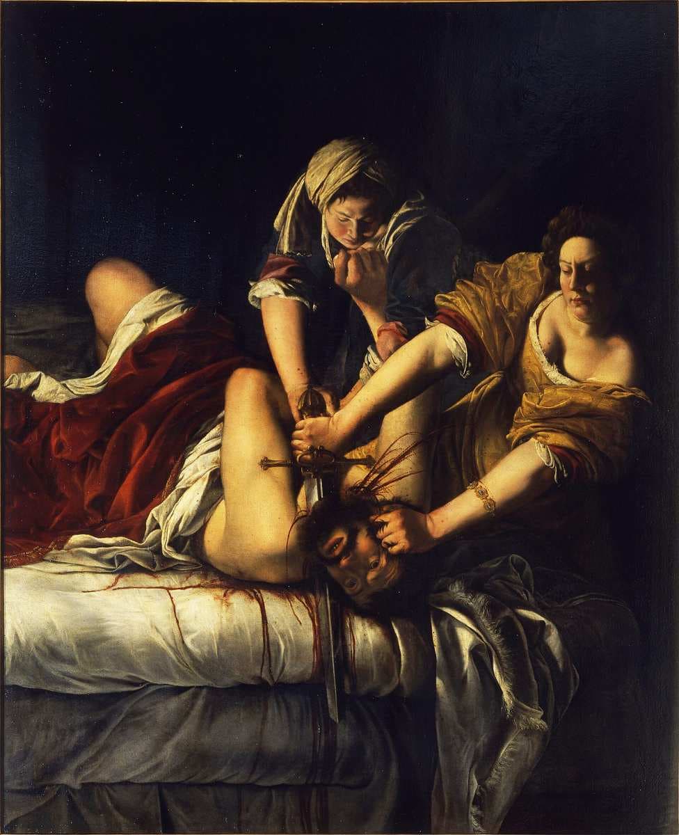 Judith and her attendant restrain Holofernes on a bed as Judith cuts his neck with a sword, illuminated against a dark background.