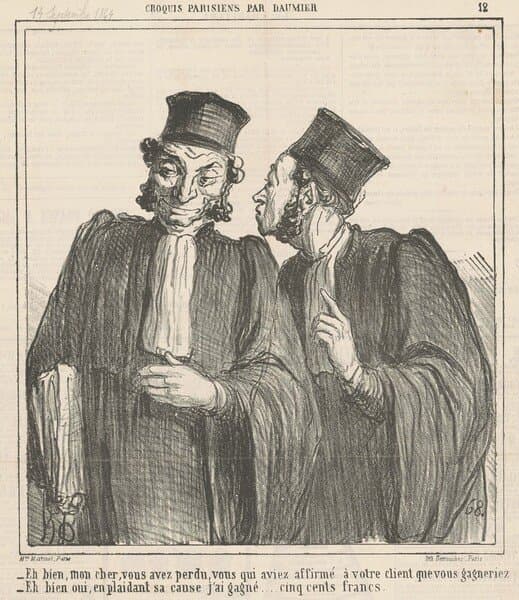Two men are depicted from the waist up in the image. They are both wearing formal robes, suggesting a professional setting, possibly as legal professionals. The man on the left has a smug expression with a wide smile and eyes looking downward. He has curly hair peeking out from beneath a rectangular hat. The man on the right is angled towards the left, appearing to lean in to converse with the other man, with his mouth slightly open. He has a defined nose and curly hair under a similar hat. Both are wearing dark robes with a light-colored collar. The man on the left is holding eyeglasses and rolled papers in his right hand. The background features shaded patterns, creating a neutral backdrop for the two figures.