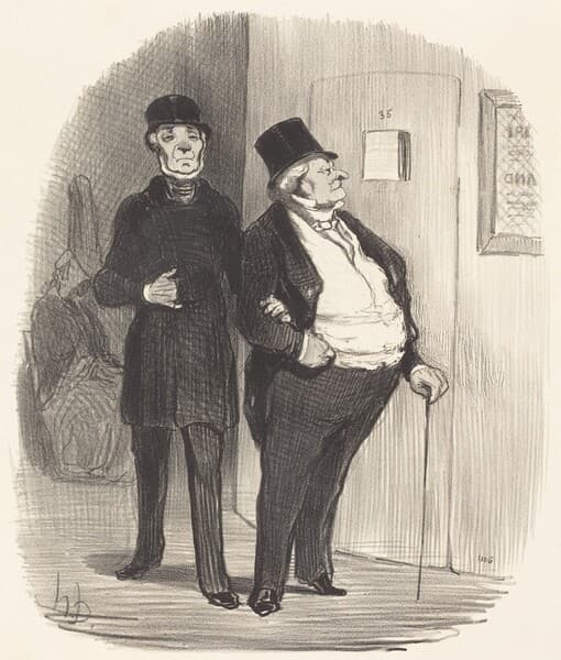 The image shows two men depicted from head to toe in an illustration standing side by side. The man on the left has a solemn expression and wears a dark long coat and a top hat. The man on the right appears more rotund, wears a dark suit with a white shirt underneath, and also a top hat. He holds a walking cane in his right hand. There is a partial view of a door in the background marked with the number '35', and a framed piece of paper with visible but indistinct text hanging on the wall. The background is a muted interior with subtle but textured shading suggesting walls and possibly seating in the far left.